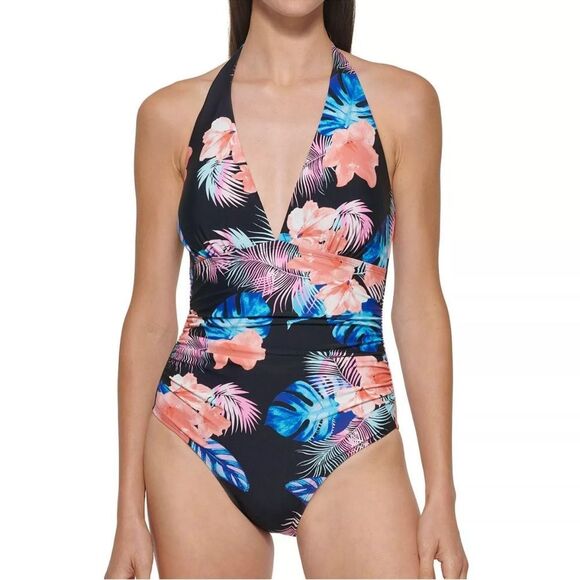 DKNY Halter Tropical Swimsuit Black Coral Large - Picture 8 of 13